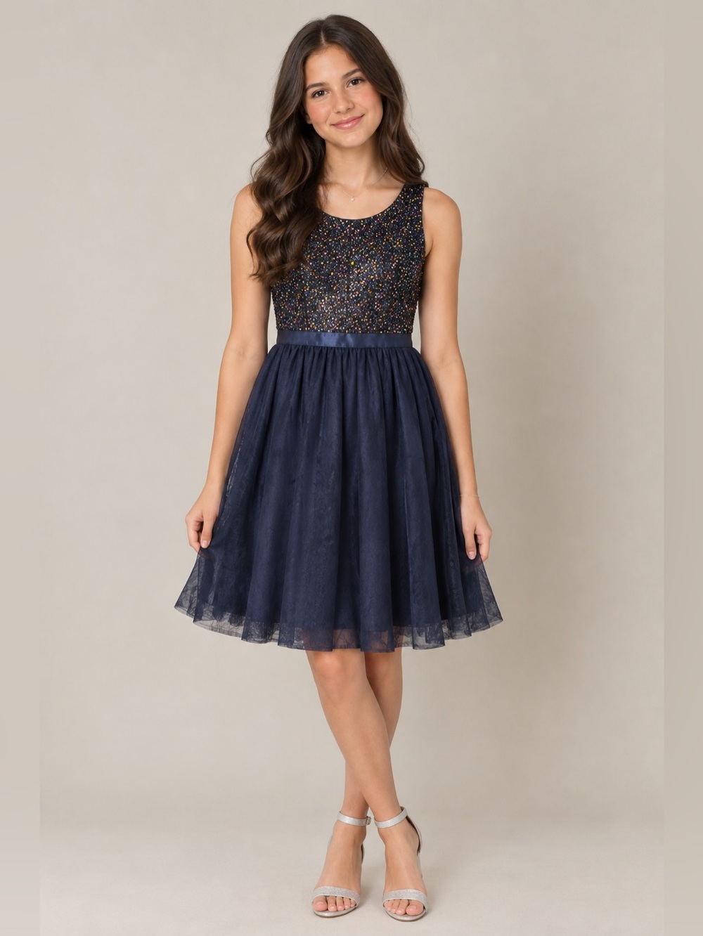 Sparkly Sleeveless Navy Blue Sequin Bodice Mini Dress Junior Size M